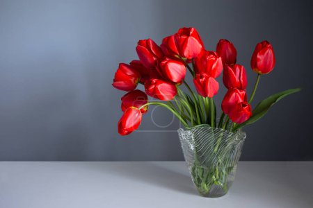 Photo for Red tulips in glass vase on background blue wall - Royalty Free Image