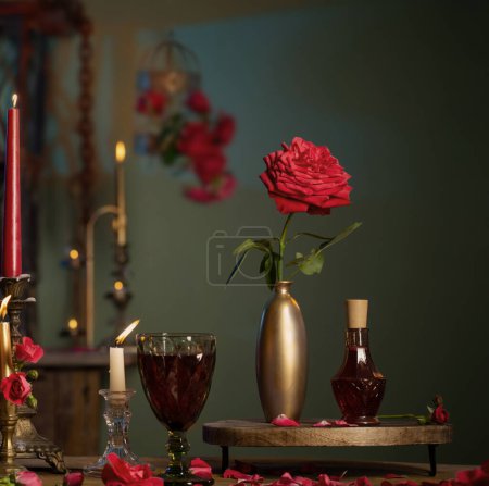 Foto de Poción mágica con rosas rojas y velas encendidas en la habitación oscura - Imagen libre de derechos