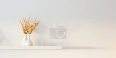 Foto de Ramo de flores silvestres secas en jarrón blanco en estante de madera en la pared de fondo blanco - Imagen libre de derechos