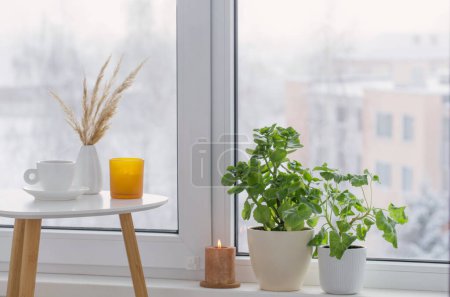 Téléchargez les photos : Tasse de café avec des bougies allumées sur table blanche par fenêtre en hiver - en image libre de droit