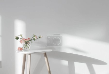 Photo for Pink roses in glass jar on white modern table on background white wall - Royalty Free Image