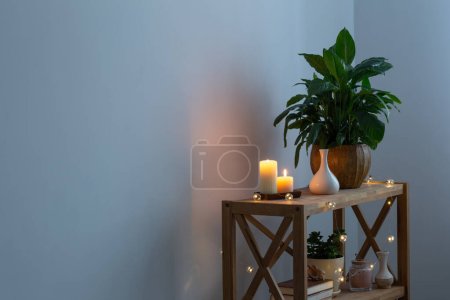 Photo for White home interior with houseplants on wooden shelf - Royalty Free Image