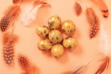 Foto de Huevos de codorniz dorados de Pascua sobre fondo pastel - Imagen libre de derechos