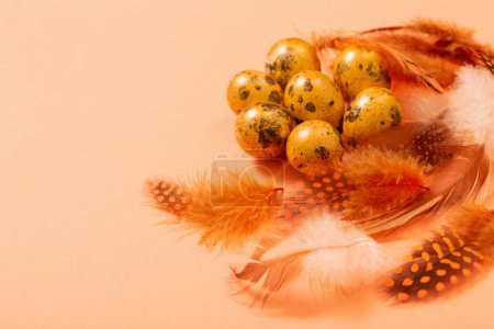 Photo for Easter golden quail eggs on pastel background - Royalty Free Image