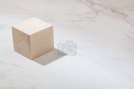 Photo for Wooden podium  on white marble background - Royalty Free Image