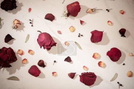 Foto de Rosas rojas secas sobre fondo de mármol - Imagen libre de derechos