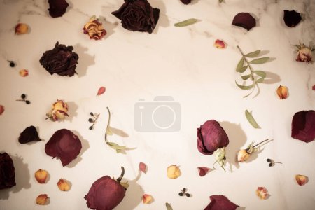 Téléchargez les photos : Roses rouges séchées sur fond de marbre - en image libre de droit