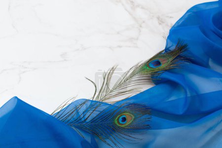 Foto de Dos pavos reales pluma sobre tela azul y mármol blanco - Imagen libre de derechos