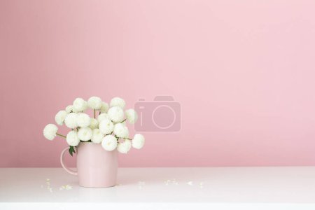 Téléchargez les photos : Chrysanthèmes blancs en tasse rose sur fond rose - en image libre de droit