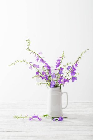 Photo for Bluebell flowers in white jug on white background - Royalty Free Image