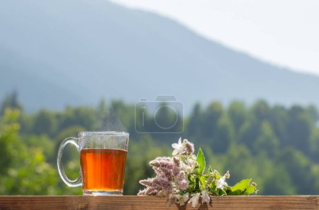Téléchargez les photos : Tasse de thé sur fond montagnes au soleil - en image libre de droit