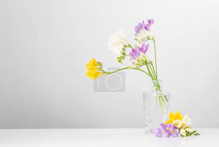 Téléchargez les photos : Freesia dans un vase en verre sur fond blanc - en image libre de droit