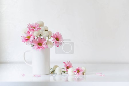 Téléchargez les photos : Chrysanthèmes blancs et roses en coupe vintage sur fond blanc - en image libre de droit