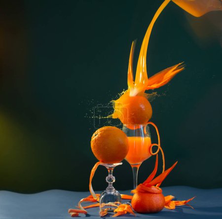 Foto de Naturaleza muerta exótica con pétalos de naranja, jugo de naranja y frutas de naranja - Imagen libre de derechos