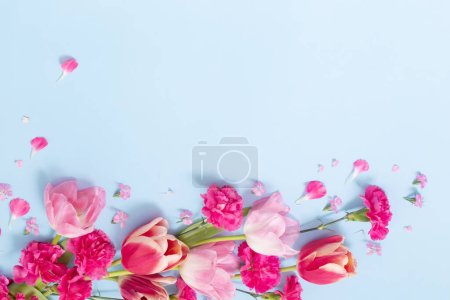 Beautiful spring flowers on blue  background
