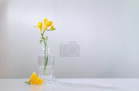 Photo for Yellow freesia in glass vase on white background - Royalty Free Image
