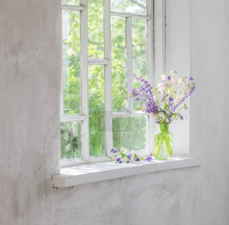 Foto de Flores de verano en jarrón en el alféizar de la ventana a la luz del sol - Imagen libre de derechos