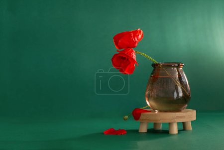 Téléchargez les photos : Coquelicots rouges dans un vase en verre sur fond vert - en image libre de droit