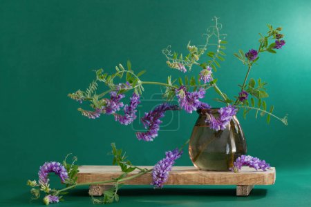 Foto de Flores violetas silvestres en jarrón de vidrio sobre fondo verde - Imagen libre de derechos