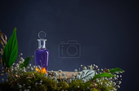 Photo for Magic potion in glass bottle with fire,  plants and flowers on blue background - Royalty Free Image