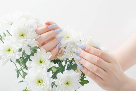 Téléchargez les photos : Mains féminines avec belle manucure et fleurs de chrysanthème - en image libre de droit