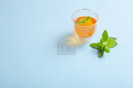 Téléchargez les photos : Thé à la menthe et origan sur fond bleu - en image libre de droit