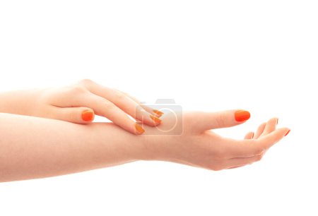Téléchargez les photos : Mains féminines avec manucure orange isolées sur fond blanc - en image libre de droit