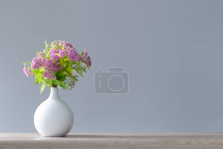 Téléchargez les photos : Spirea rose en vase blanc sur étagère en bois - en image libre de droit