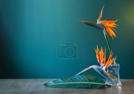 Foto de Pájaro del paraíso flores en jarrón sobre fondo verde - Imagen libre de derechos