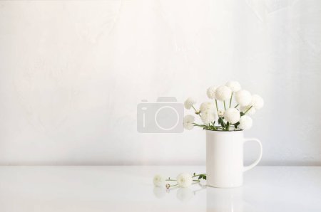 Téléchargez les photos : Chrysanthèmes blancs dans une tasse vintage sur fond blanc - en image libre de droit