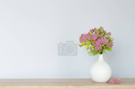 Pink spirea in white vase on wooden shelf