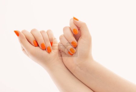 Téléchargez les photos : Mains féminines avec manucure orange sur fond blanc - en image libre de droit