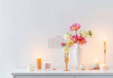 Photo for Beautiful decor with flowers, pumpkins, candles on white background - Royalty Free Image