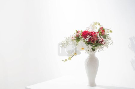 Téléchargez les photos : Bouquet rouge et blanc en vase sur fond blanc - en image libre de droit