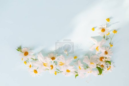 Foto de Flores de primavera sobre fondo de papel azul - Imagen libre de derechos