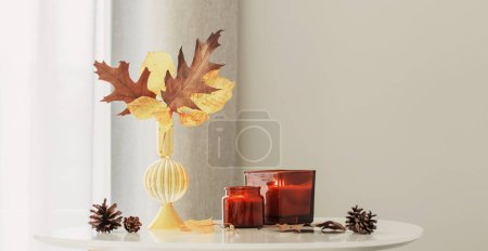 Foto de Bodegón de otoño con velas encendidas en casa - Imagen libre de derechos