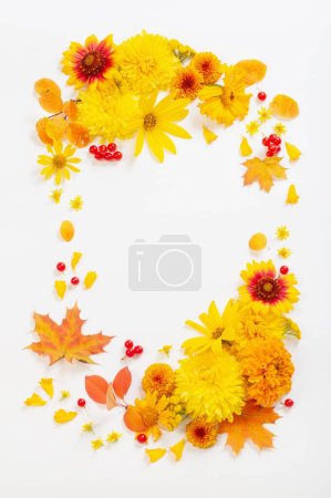Photo for Autumn flowers and leaves on white paper background - Royalty Free Image