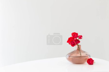 Foto de Rosas rojas en florero de vidrio moderno en el interior blanco - Imagen libre de derechos