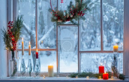 Photo for Christmas decor on background old wooden  window - Royalty Free Image