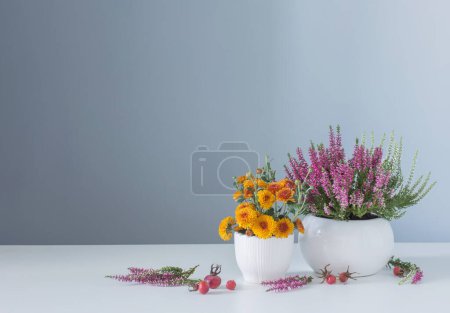 Photo for Flowers in white pots on table on gray background - Royalty Free Image
