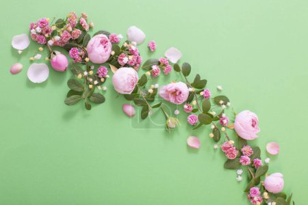 Téléchargez les photos : Fleurs roses et feuilles vertes sur fond vert - en image libre de droit