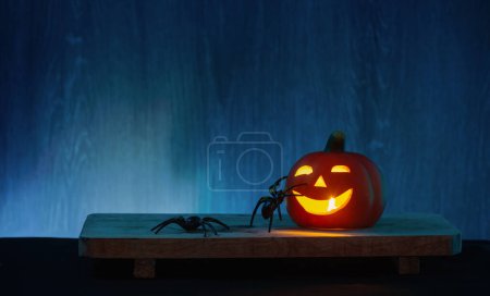 Photo for Halloween decorations with pumpkin on dark wooden background - Royalty Free Image