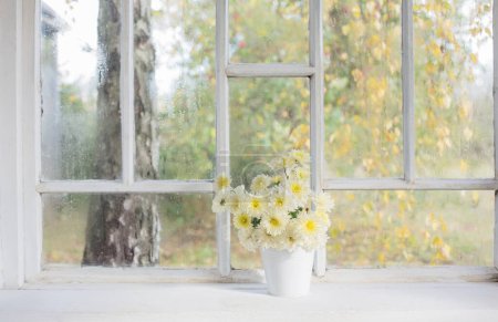 Foto de Crisantemos en jarrón en el alféizar de la ventana en otoño - Imagen libre de derechos
