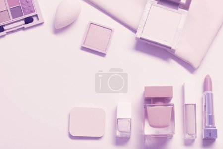 Photo for Decorative cosmetics with perfume  on pastel  background - Royalty Free Image