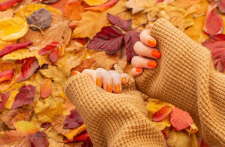 Téléchargez les photos : Mains féminines avec manucure orange sur fond de feuilles d'automne - en image libre de droit