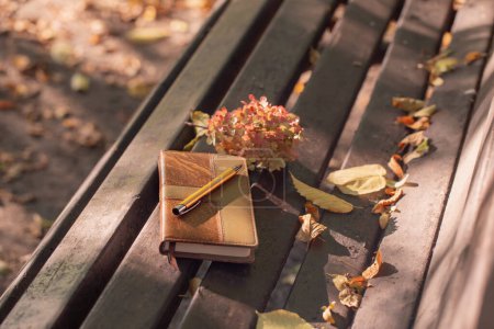 Téléchargez les photos : Carnet en cuir et stylo sur vieux banc en bois dans le parc d'automne - en image libre de droit