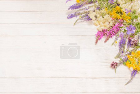 Photo for Wildflowers on white wooden background - Royalty Free Image