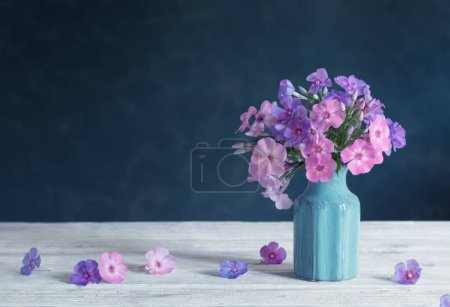 Téléchargez les photos : Phlox en vase en céramique bleue sur fond sombre - en image libre de droit