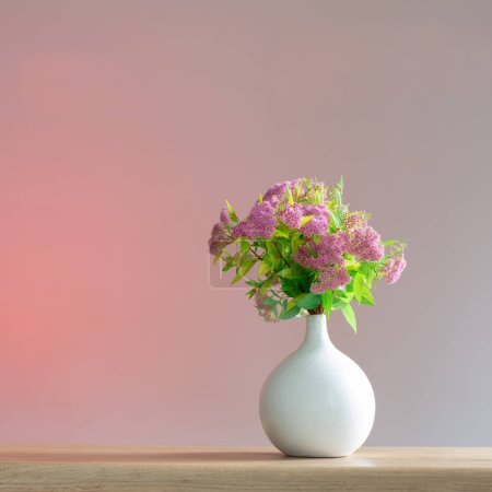 Téléchargez les photos : Spirea rose en vase blanc sur étagère en bois - en image libre de droit