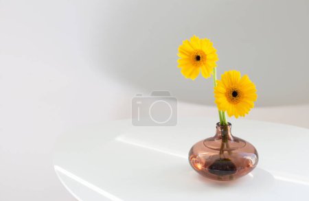 Téléchargez les photos : Gerbera jaune dans un vase en verre sur table blanche sur fond blanc - en image libre de droit